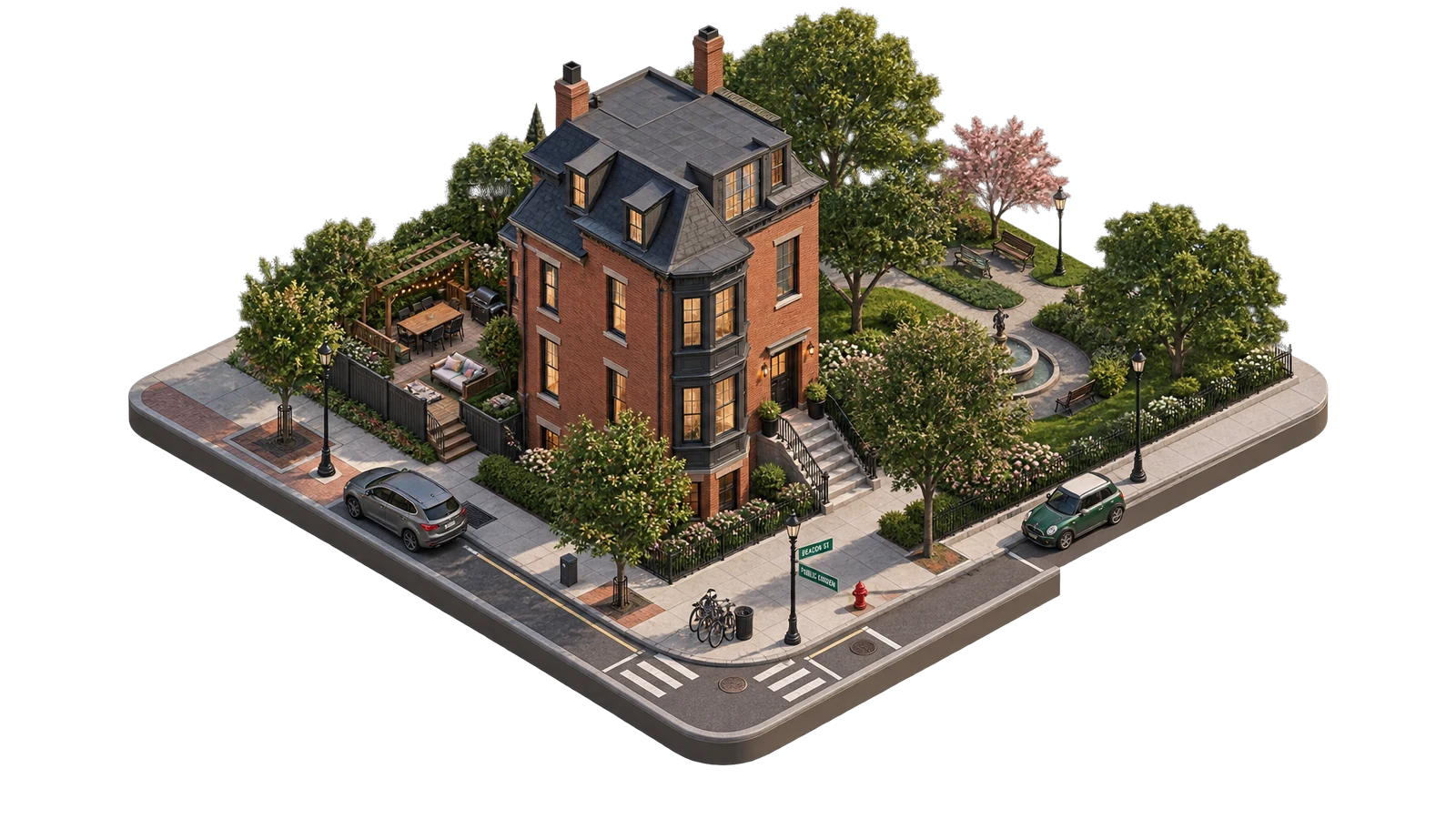 A Boston brownstone on the corner of Beacon St, drawn in isometric